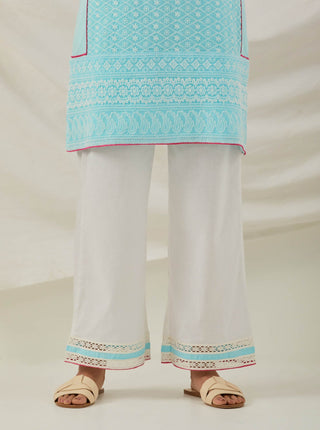 Blue Chikankari Pak Wide Arm Kurta and Palazzo with lace detail (Set of 2) Front Down View