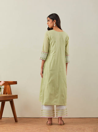 Green Plain Rooh Straight Kurta With Chikankari Yoke Details and Palazzo with wide lace detail & Dupatta (Set of 3) Back View