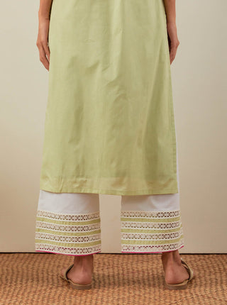 Green Plain Rozana Straight Kurta With Chikankari Placket and Palazzo with wide lace detail (Set of 2) Back Down Side View
