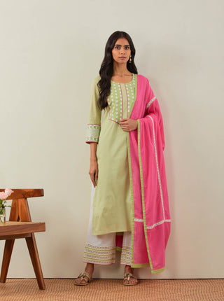 Green Plain Rooh Straight Kurta With Chikankari Yoke Details Full Set View