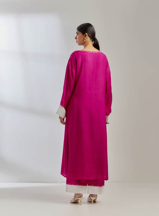 Pink Silk Kaftan Kurta With Palazzo (Set Of 2) Back View