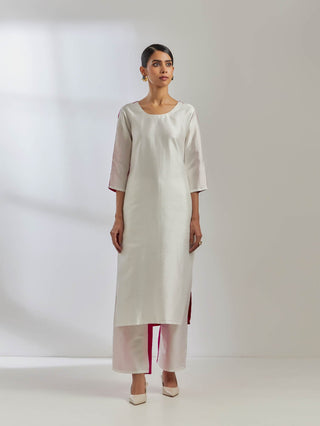 White/Pink Raw Silk Half And Half Kurta Front Full View