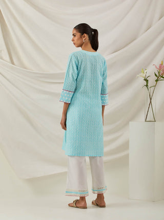 Blue Chikankari Kali Short Kurta and Palazzo with lace detail & Dupatta back side view 