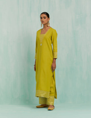 Lemon Green Rukhsaar Straight Kurta And Palazzo With Gold Silver Gota Details & Dupatta (Set Of 3)