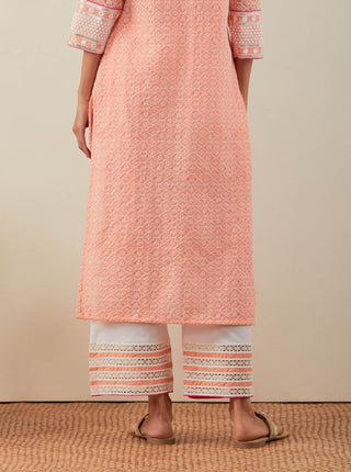 Peach Chikankari Rooh Straight Kurta and Palazzo with wide lace detail (Set of 2) Back view