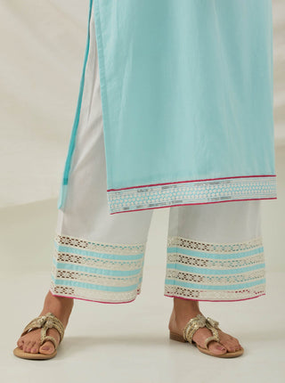 Blue Plain Rozana Straight Kurta With Chikankari Placket and Palazzo with wide lace detail (Set of 2) Front Side Down VIew
