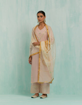 Pale Pink Mira Straight Kurta And Palazzo With Gold Silver Gota Details (Set Of 2)