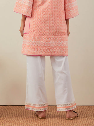 Peach Chikankari Pak Wide Arm Kurta and Palazzo with lace detail & Dupatta (Set of 3) Pallazo Back View