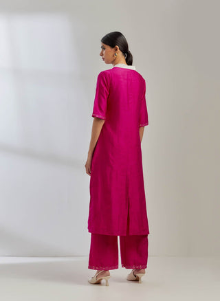 Pink Raw Silk Collared Kurta With Pink Palazzo (Set Of 2) Back View