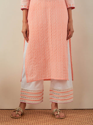 Peach Chikankari Rooh Straight Kurta and Palazzo with wide lace detail & Dupatta (Set of 3) Front Bottom View
