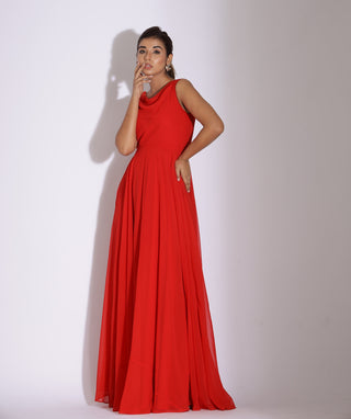 Red Cowl Neck Evening Gown