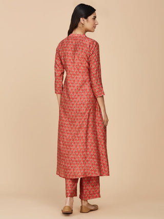 Red Block Printed Chanderi Silk Co-Ord Set