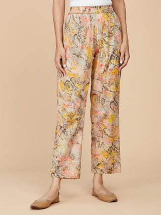 Yellow Printed Cotton Mull A-line Dress with Pant- Set of 2