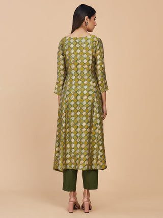 Green Printed Chanderi Silk A-line Kurta