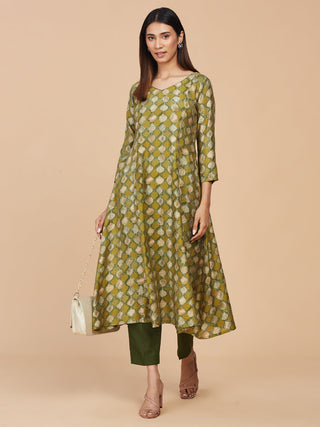 Green Printed Chanderi Silk A-line Kurta