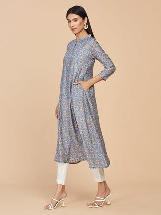 Blue Printed Chanderi Silk Long A-line Kurta