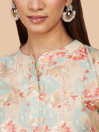 Floral Printed Chanderi Silk Short Top