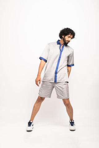 Grey-Blue Collar Colorblocked Shirt by WearVega.