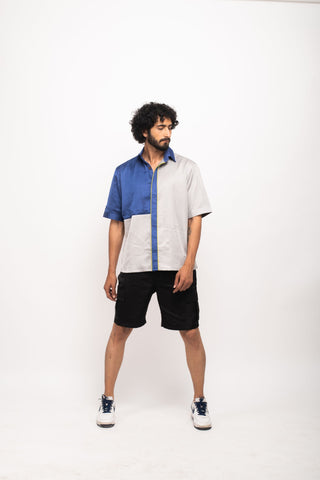 Grey-Blue Colorblocked Shirt by WearVega.