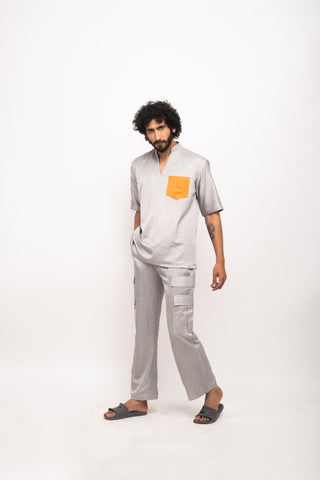 Grey-Orange Pocket Shirt by WearVega.