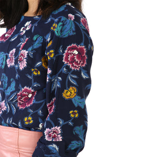Blue floral print roll-up sleeves top side view