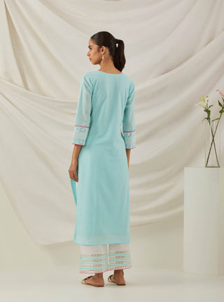 Blue Plain Rooh Straight Kurta With Chikankari Yoke Details and Palazzo with wide lace detail & Dupatta (Set of 3) Back View