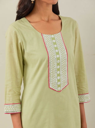 Green Plain Rozana Straight Kurta With Chikankari Placket and Palazzo with wide lace detail (Set of 2) Zoom In View