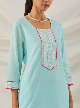 Blue Plain Rozana Straight Kurta With Chikankari Placket and Palazzo with wide lace detail (Set of 2) Front Side Close View