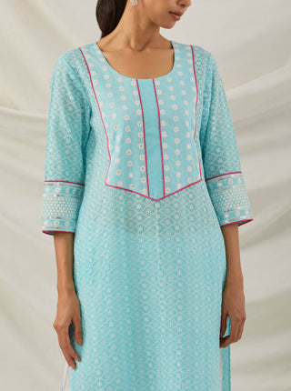 Blue Chikankari Rooh Straight Kurta and Palazzo with wide lace detail (Set of 2) Close View