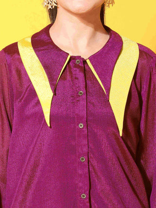 double collar purple shirt closeup