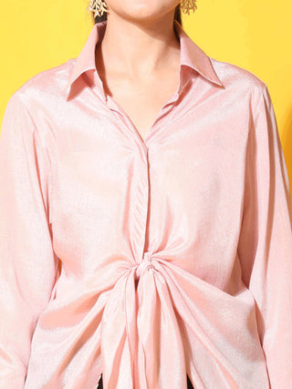 pink front knot shirt closeup