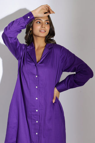 purple cotton shirt dress closeup 2